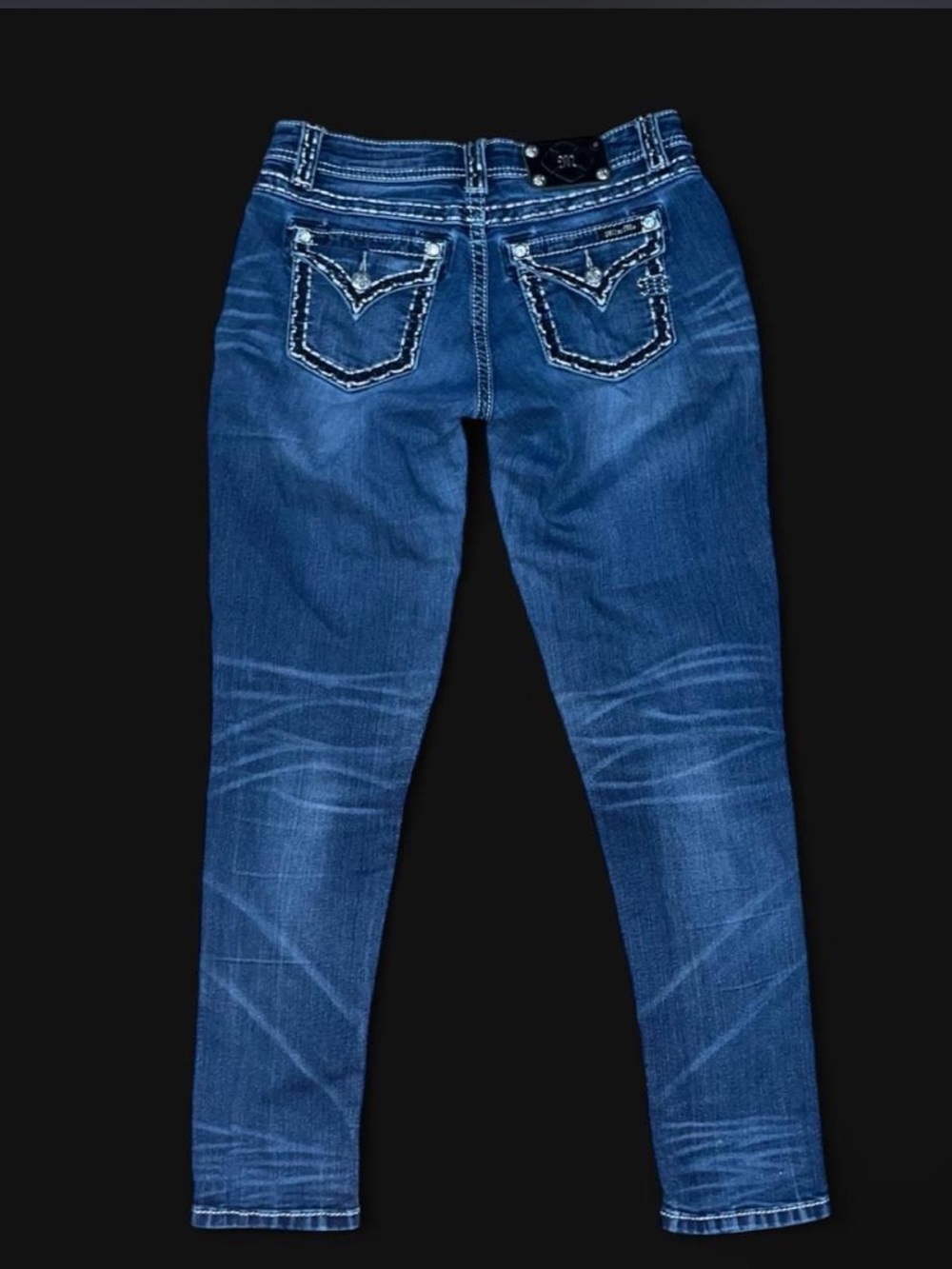 Miss Me Thick Saddle Stitch Rhinestone Bootcut Low Rise Y2K Jeans Sz 27